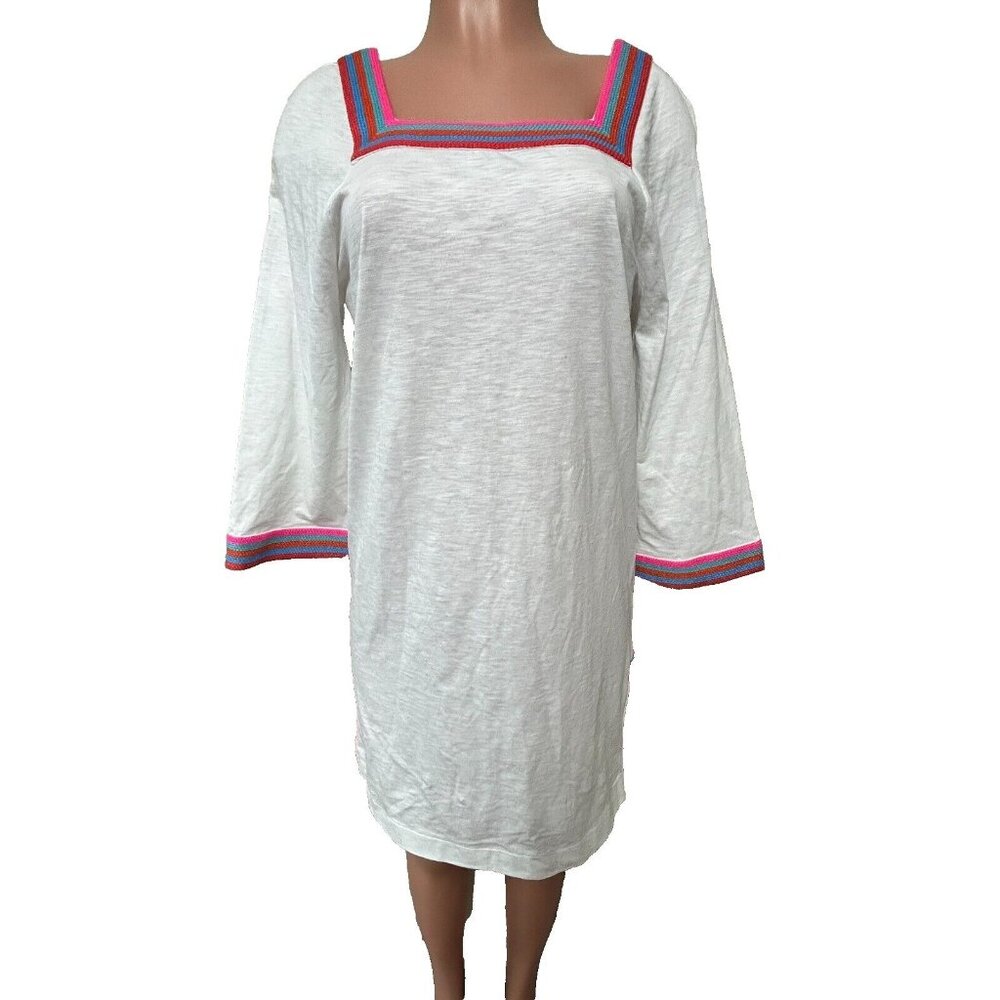 Boden Above Knee Embroidered Jersey Tunic Dress Women's Sz 6L White Striped Trim